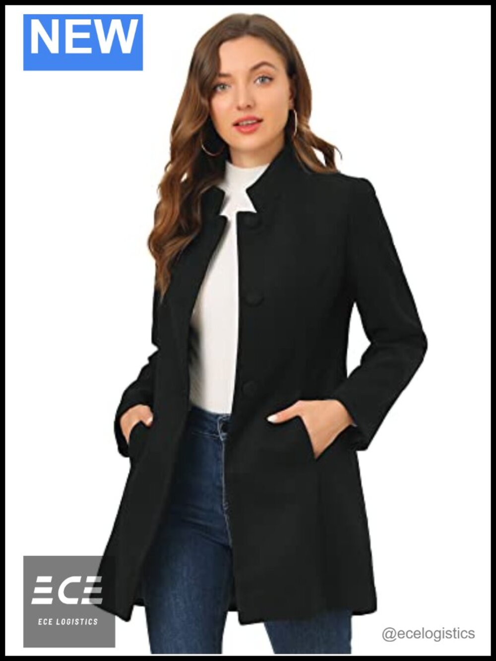Women's Winter Pea Coat Mid-Long Stand Collar Single Breasted Long Sleeve